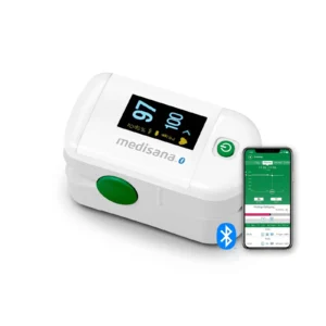 Medisana PM 100 connect sõrme-oximeter eestvaates OLED-ekraaniga