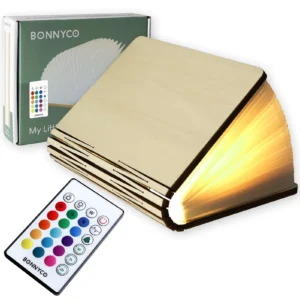 BONNYCO puidust raamatu LED-lamp ees- ja külgvaates